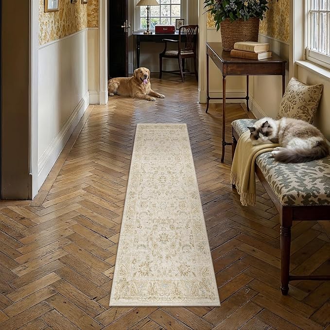 2x8 Beige Washable Runner Rug Non Slip Retro Distressed Carpet | Soft Low Pile, Lightweight Foldable, Pet Friendly, Hallway, Kitchen, Bathroom, Front Door, Beside Bed