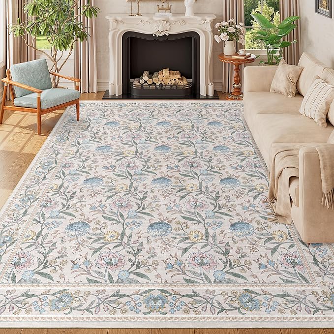 DUKINO 9x12 Area Rug for Living Room Vintage Floral Washable Rug Cream Blue | Non Slip, Low Pile, Non-Shedding, Stain Resistant, Aesthetic Soft Indoor Large Carpet for Bedroom Dining Room Farmhouse