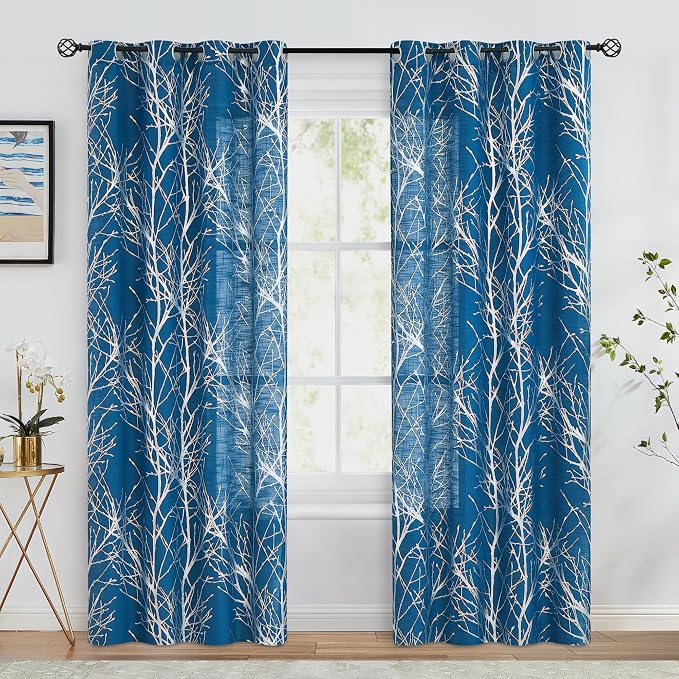 FMFUNCTEX Linen Silver Navy Blue Semi Sheer Print Curtains 96 Inch 2 Panels | Metallic Branch Sheer Patterned Drapes, Light Filtering Grommet Panels for Modern Farmhouse Bedroom and Living Room Style