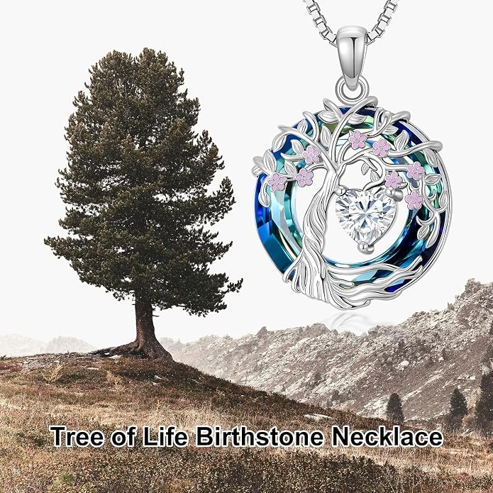 Tree of Life Birthstone Necklace 925 Sterling Silver Crystal Tree of Life Pendant Birthstone Jewelry Birthday Christmas Gifts for Women Mom Her Wife