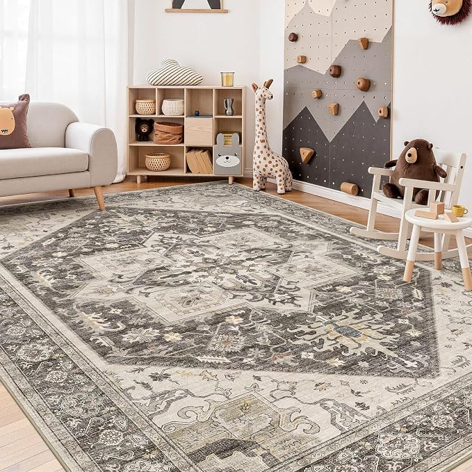 6x9 Area Rugs for Living Room - Large Carpet Ultra Thin Soft Washable Oriental Vintage Floral Distressed Big Indoor Carpets for Bedroom Nursery Dorm Home Decor Aesthetic - Dark Brown