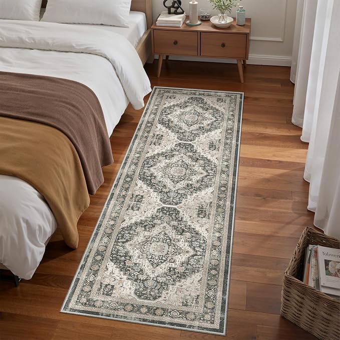 Roxstand Washable 2x6 Hallway Runner Rug, Black/Beige | Low-Pile Carpet, Non-slip Backing,6ft Runner, Stain Resistant, Runner for Kitchen, Laundry Room, Entryway, Vintage Design