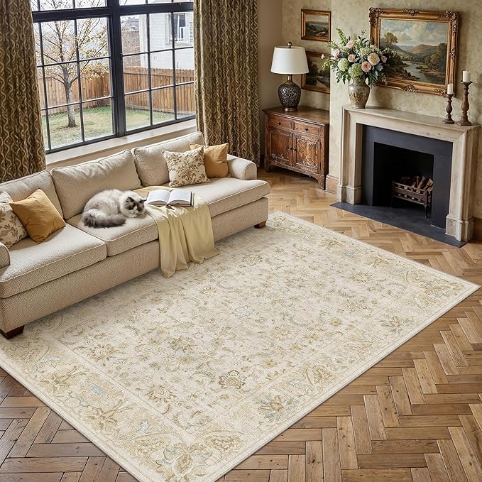 9x12 Beige Washable Area Rug Non Slip Retro Distressed Carpet | Soft Low Pile, Lightweight Foldable, Pet Friendly, Living Room, Bedroom, Dining Room, Classroom, Playroom