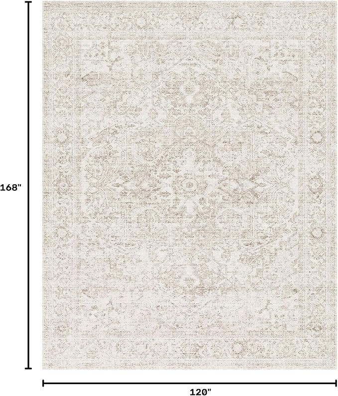 FMFUNCTEX 10x14 Washable Area Rug Beige Vintage Neutral Distressed Oriental Large Non Slip Carpet for Living Room Bedroom Soft Low Pile Indoor Mat Retro Rug for Dining Room Kitchen Office Nursery