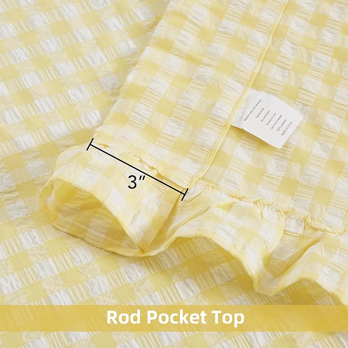 ZJDECOR Shabby Chic Yellow Buffalo Plaid Ruffled Curtains 84 Inches Long | Rustic Crinkled Not-See-Through Sheer Drapes,Farmhouse Window Treatment,Bedroom Living Room,Rod Pocket,40"x84",Pack of 2