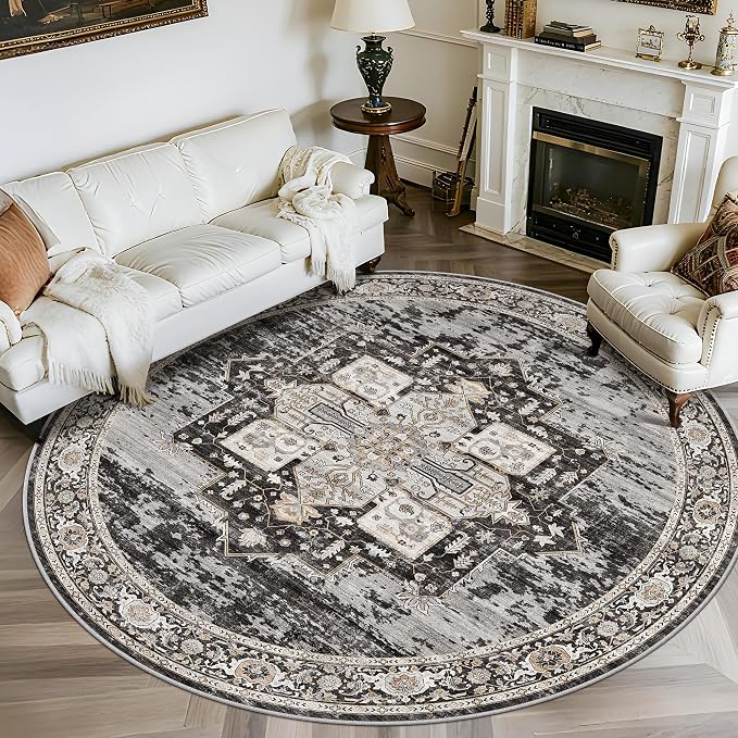 RUUGME Washable 7 Round Rug - Large Rugs for Living Room Low Pile Soft Carpet for Bedroom Kitchen Dining Room Vintage Non Slip Home Decor Floor Mat 7round Black