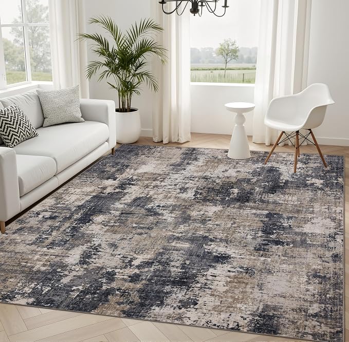 Sasttie 4x6 Soft Area Rug for Living Room, Modern Abstract Washable Carpet for Bedroom, with Non-Slip Backing, Black and Beige