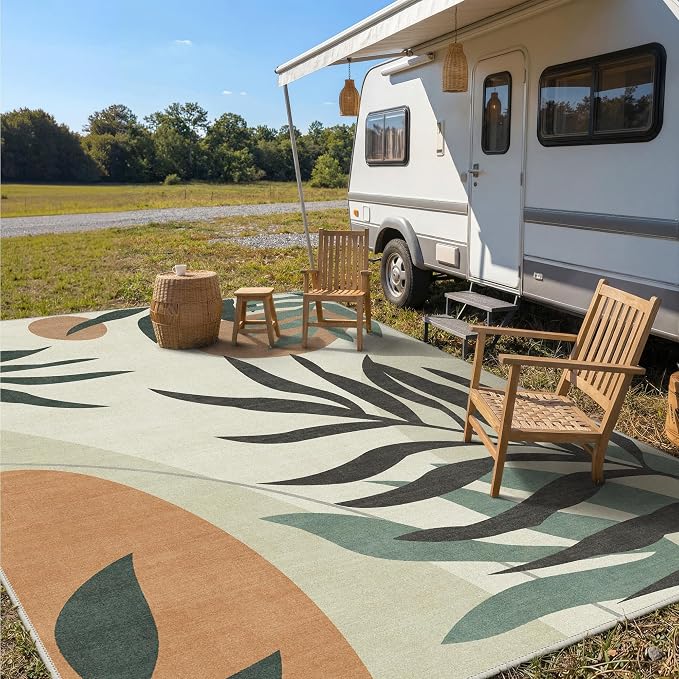 GENIMO 10x14 Outdoor Rug, Washable Quick Dry for Patio, Beige Olive | Botanical leaf design for gazebo; lightweight chenille with quick-dry non-slip backing for indoor living spaces.