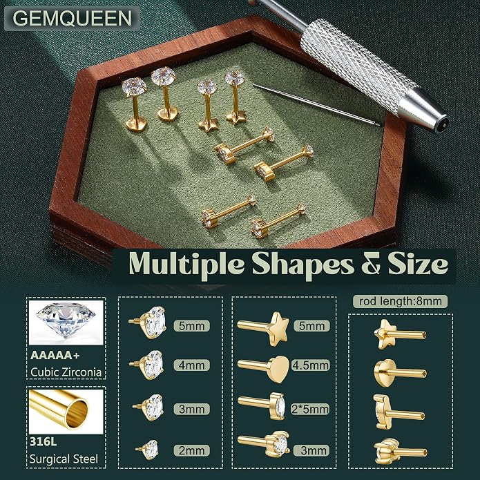 GEMQUEEN Reversible Flat Back Earrings Studs Hypoallergenic - 14K Gold Filled Surgical Steel Earring 18G Cartilage Helix Tragus Conch Piercing Jewelry Extended Internal Thread Earrings for Women Men