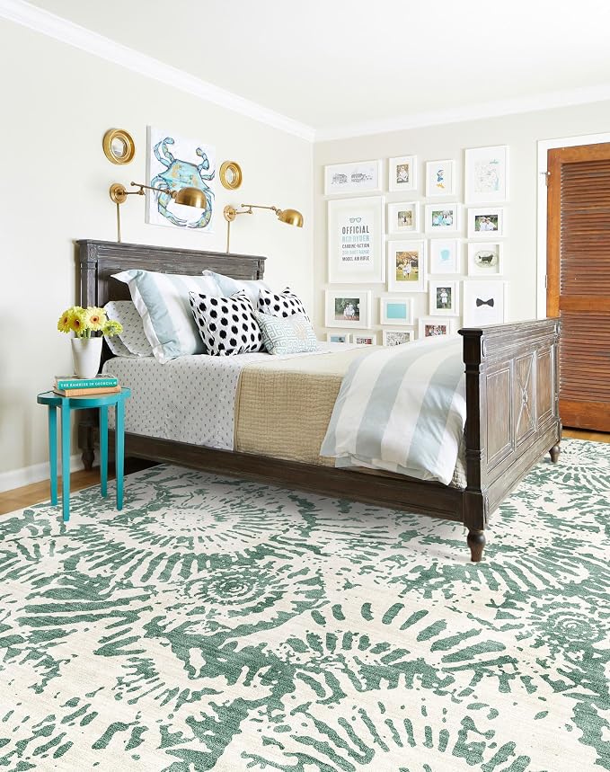 BLISSA Dining Room Rugs for Under Table - 6x9 Fresh Green White Washable Living Room Area Rug Non-Slip Low-Pile Modern Contemporary Abstract Rugs for Bedroom Dining Room Home Nursery Foyer Carpet