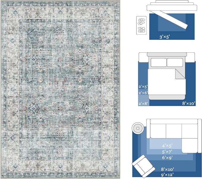 Beauoop 2x6 Hallway Runner Rug Washable Blue Neutral Vintage Distressed | Retro Non Slip Low Pile Oriental Soft Thin Indoor Carpet Rug Entryway Entrance Kitchen Laundry Bedroom Bathroom Bedside