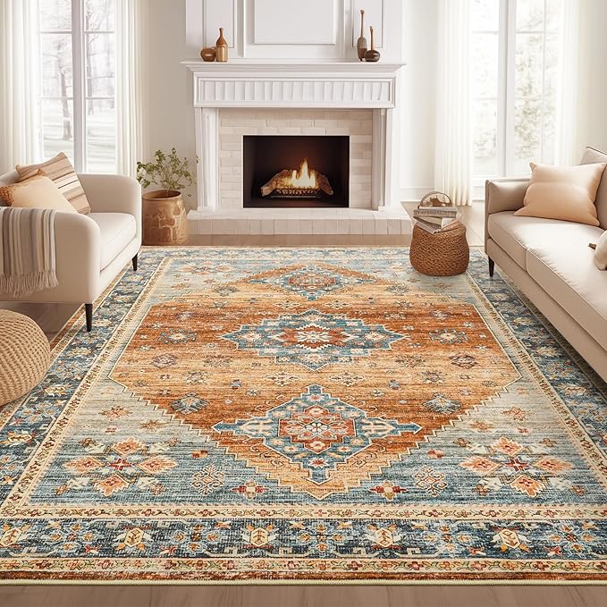 Roxstand 8x10 Washable Area Rugs, Vintage Non Slip Rug, Navy/Orange | Machine Washable Low Pile Rug, Stain Resistant, Pet and Kid Friendly, Carpet for Bedroom, Dining Room