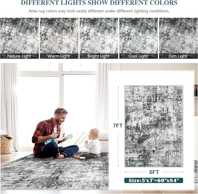 5x7 Area Rug for Living Room: Washable Abstract Soft Rugs Non Slip Modern Stain Resistant Low Pile Carpet for Dining Room Bedroom Nursery Office (Black Grey, 5'x7')