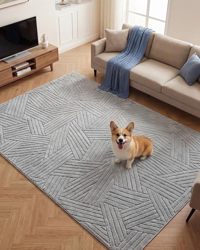 Carvapet 5x7 Area Rug - Grey Modern 3D High Low Pile Texture Floor Carpet, Cozy Knitted Swirl Pattern Washable Soft Plush Rug with Skid-Resistant Backing for Living Room Bedroom