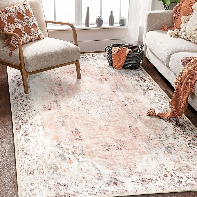 MUJOO Pink Rug 4'x6.5' Area Rugs Boho Washable Non Slip Low-Pile Floral | Machine Washable Throw Carpet for Bedroom Living Room Office Entryway Small Soft Floor Indoor Flowers Light Blush
