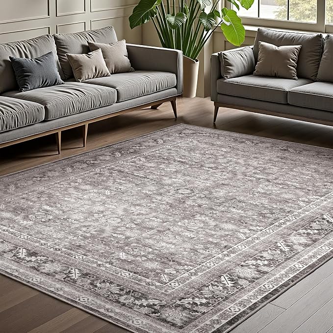 OPPODREAM Vintage Grey Area Rugs 8x10, 8 x 10 Retro Washable Rug Non Slip, Low-Pile Faux Wool Carpet, Distressed Gray Floor Mat for Living Room, Bedroom, Office, Dorm, Dinning Room, Big & Large