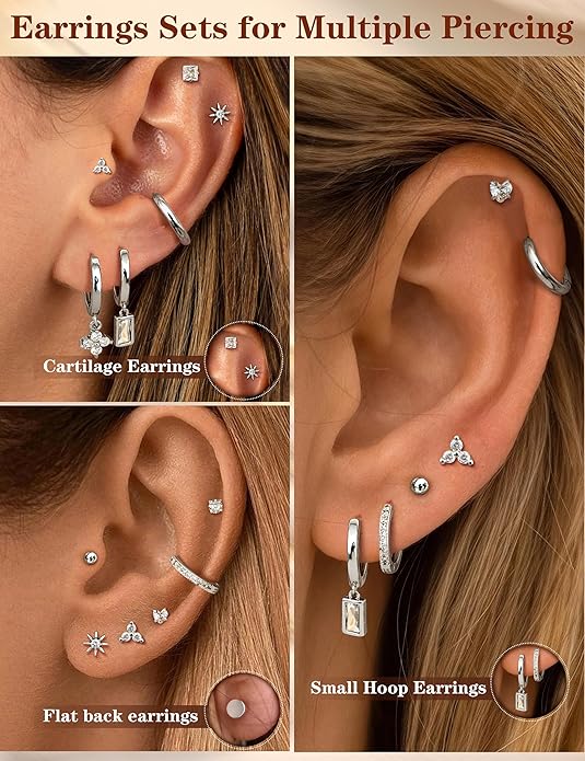 Florideco Hypoallergenic Flat Back Earrings Gold Cartilage Earring Sets for Multiple Piercing Surgical Stainless Steel Earrings for Women Trendy Earring Stacks Small Hoops Flat Back Stud Earrings