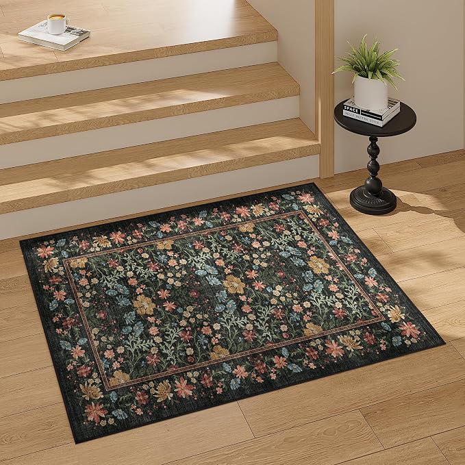 DUKINO 2x3 Entryway Rug, Washable Vintage Floral Area Rug, Black | Non Slip, Low Pile, Non-Shedding, Soft Indoor Door Mat, Small Front Door Throw Carpet for Bathroom Kitchen Entrance Bedroom