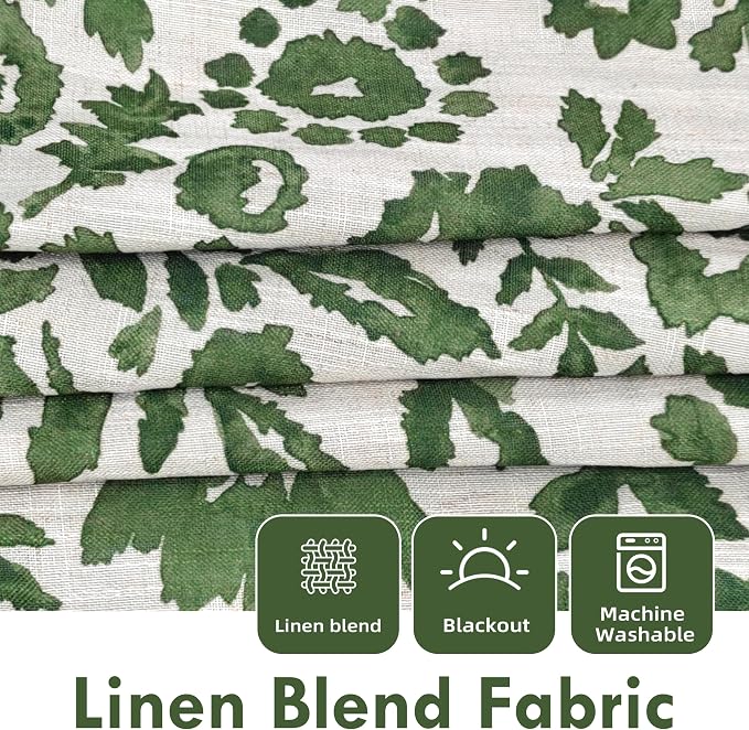 DriftAway Julia 100% Blackout Curtains Grommet 2 Panels, W52xL96, Green | Floral Curtains, Bedroom, Living Room, Linen Blend, Watercolor Pattern, 2 Layers, Thermal Insulated, Window Treatment