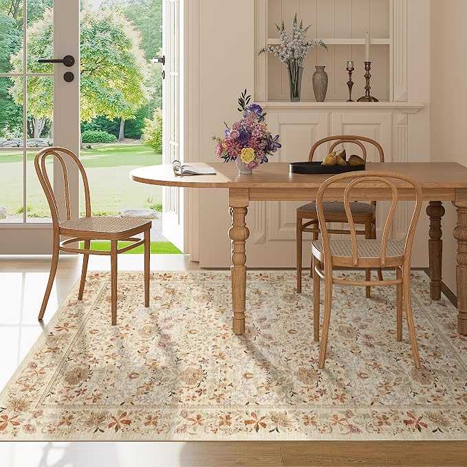 DUKINO 4x6 Rug for Living Room, Washable Vintage Floral Area Rug, Beige | Non Slip, Low Pile, Non-Shedding, Aesthetic Lightweight Soft Indoor Carpet for Bedroom Kitchen Bathroom Entryway Farmhouse