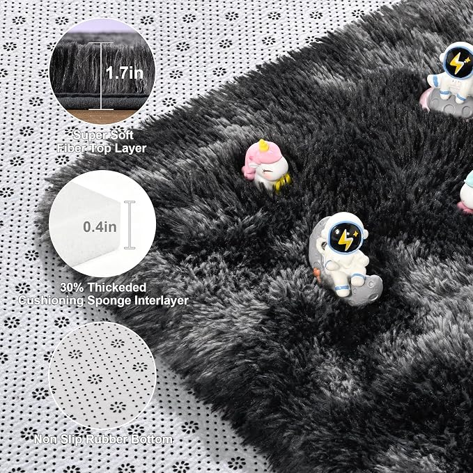 Fluffy Rugs for Living Room: Tie-dye Dark Grey Soft Shag Rug for Bedroom, Large Fuzzy Plush Indoor Floor Carpet Non Slip Modern Rug for Nursery Boys Girls Kids Room Dorms Home Decor, 7x10 Feet