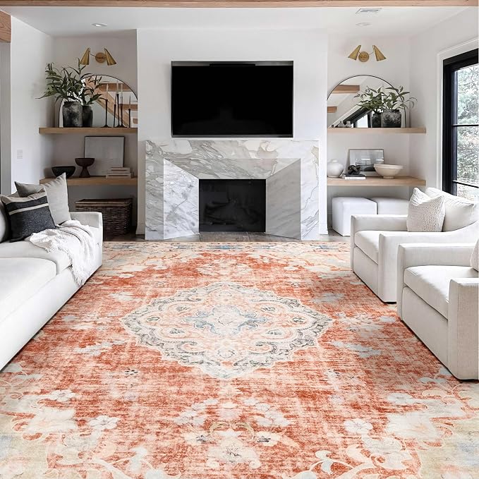 MUJOO 9x12 Area Rug Washable Boho Rug Non Slip Low-Pile Floral Large | Machine Washable Throw Carpet for Living Room Bedroom Dining Room Soft Big Floor Indoor Flowers Orange Navy Blue