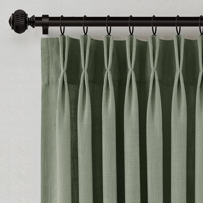 Sage Green Pinch Pleated Linen Curtains 90 Inches Long for Living Room Bedroom with Rings Hooks Clips Back Tab Semi Sheer Curtains Light Filtering Boho Farmhouse Drapes Light Green