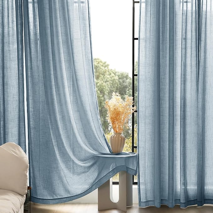 Dusty Blue Linen Curtains for Living Room Back Tab Light Filtering Semi Sheer Light Blue Bedroom Curtains Linen Cotton Textured Grey Blue Drapery Panel Airy Modern Farmhouse Aesthetic Decor 52x90 Long