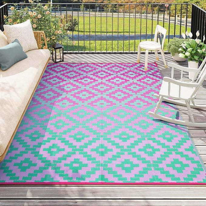 Anidaroel Ombre Outdoor Area Rugs 8x10 Waterproof, Reversible Plastic Straw Outside Rug for Patios Clearance, Large Outdoor Area Rug for RV Camping, Picnic, Camper, Backyard(Green&Pink,8‘x10')