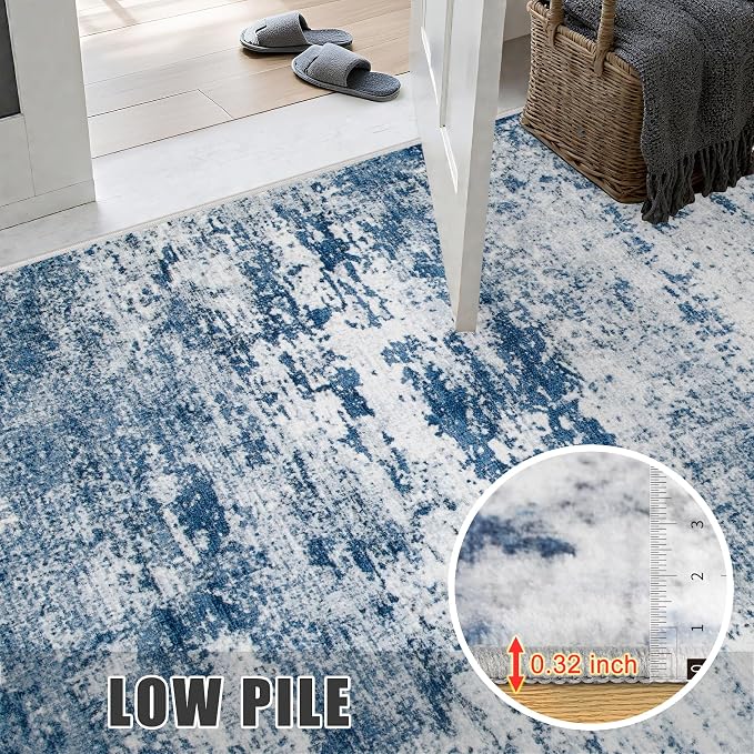 Washable Area Rug 3x8 Entryway Rug: Washable Modern Abstract Soft Thin Rug Indoor Floor No Slip Stain Resistant Carpet for Bedroom Dining Room Farmhouse Nursery Home Office - Blue
