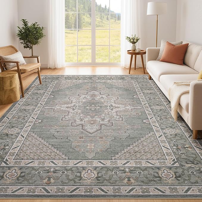 Tortania Area Rug Living Room Rugs - 9x12 Washable Boho Rug Vintage Oriental Distressed Farmhouse Large Thin Indoor Carpet for Living Room Bedroom Under Dining Table Home Office - Green Gray