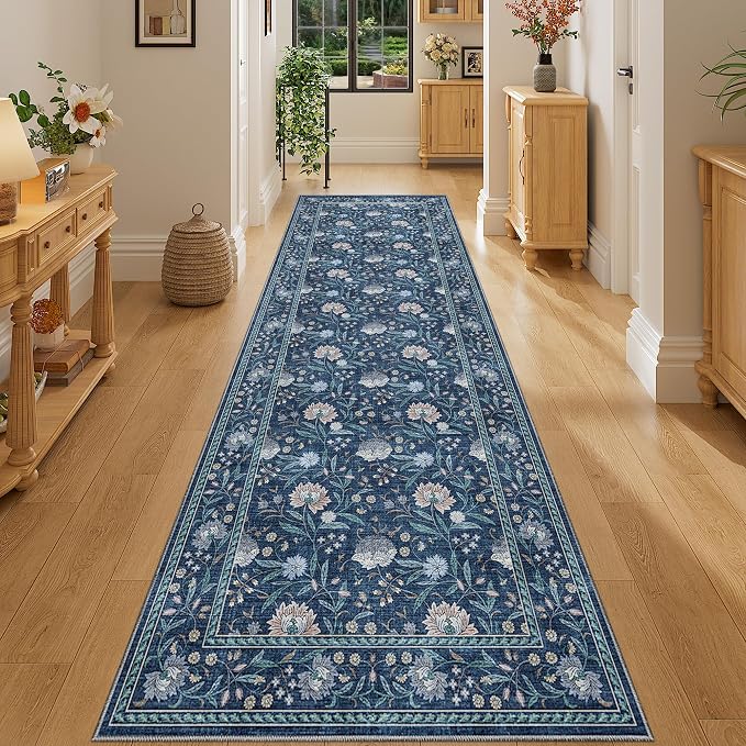 DUKINO 2.6x8 Runner Rug, Washable Vintage Floral Kitchen Runners, Dark Blue | Non Slip, Low Pile, Non-Shedding Soft Carpet for Hallway Bathroom Laundry Entryway Bedroom Farmhouse, Kids and Pets Friendly