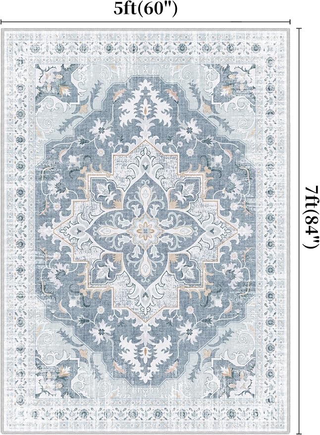 Area Rugs 5x7, Washable Rugs for Living Room, Soft Non-Slip Vintage Medallion Rug, Low-Pile Printed Blue Gray Rug for Bedroom, Dining Room, Nursery -Blue/Gray