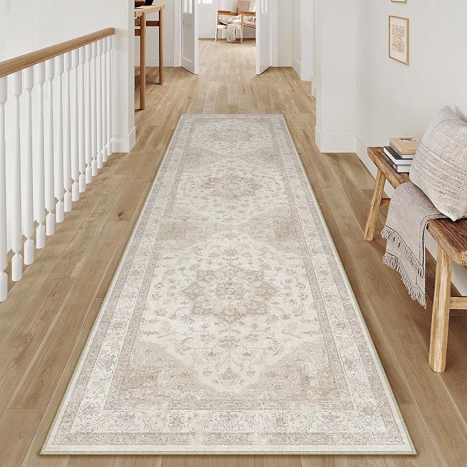 PureCozy Beige Runner Rug 2'6"x12' Washable Vintage Carpet Hallway Kitchen Soft Retro Low Pile Thin Indoor Bedroom Non Slip Oriental Medallion Long Throw Rug for Bathroom Laundry Dining Room