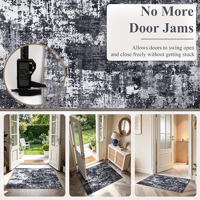 Sasttie 2x12 Soft Runner Rug for Entryway, Modern Abstract Washable Carpet for Hallway, Kitchen and Laundry Room, with Non-Slip Backing, Black and White
