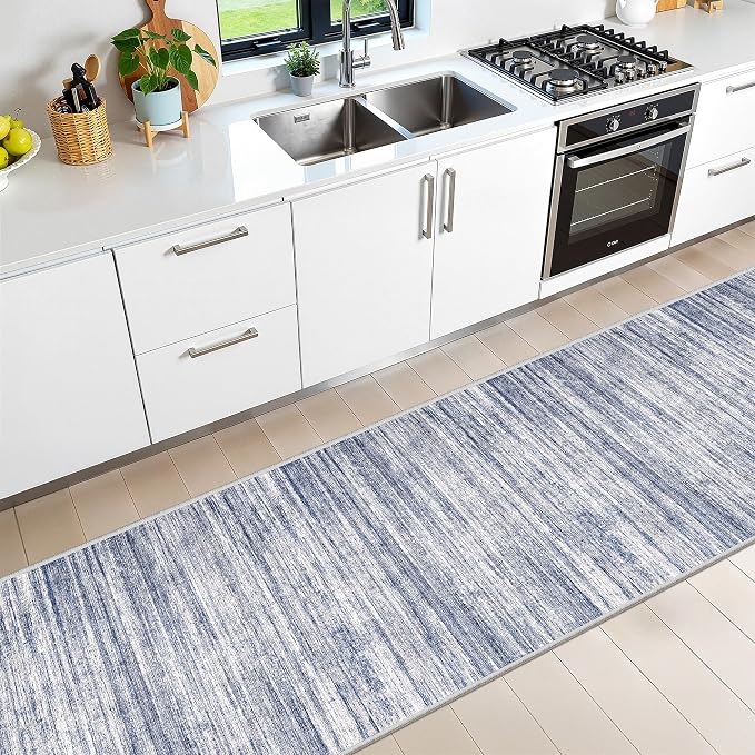 2x10 Runner Rug Non Slip,Washable Hallway Runner Rug,Blue | Long Neutral Rugs for Kitchen,Entryway,Bedroom,Bathroom,Laundry Room,Thin,Soft Runner Rug,Stain Resistant Indoor Carpet