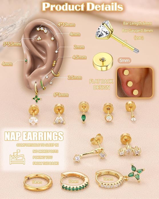 MILACOLATO Hypoallergenic Flat Back Earrings 14K Gold Plated Cartilage Earring Sets for Multiple Piercing 20G Surgical Stainless Steel Earrings for Women Trendy Earring Stacks Small Hoop Flatback Stud Earrings