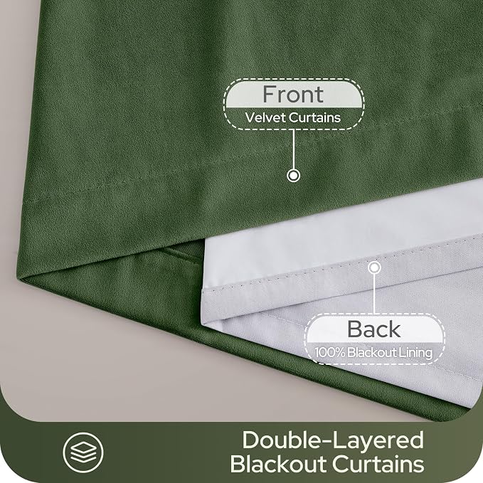 HOMEIDEAS 100% Blackout Olive Green Velvet Curtains, Thermal Insulated Luxury Vintage Winter Christmas Velvet Drapes for Bedroom, Living Room, Home Decor, 52 x 84 Inch, 2 Panels