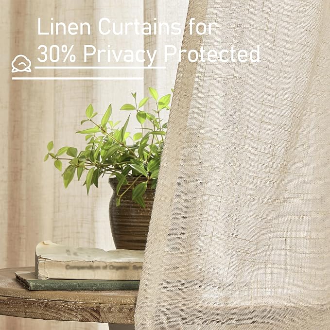LAMIT Semi Sheer Linen Curtains 40 Inch Length for Cafe, Light Filtering Panels Back Tab and Rod Pocket Neutral Drapes for Bathroom/Kitchen, 25 x 40 Inch, Linen, 2 Panels