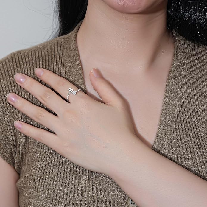 Step Forward 925 Sterling Silver Adjustable Initial Ring for Women | Non Tarnish Letter Rings for Lady | Alphabet Heart Thumb Rings | Capital Letter Jewelry Gifts