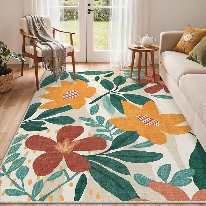 GENIMO 4x6 Outdoor Rug, Washable for Porch and Patio, Teal Orange | Floral design for balcony; fade resistant chenille with quick-dry non-slip backing for deck and indoor space