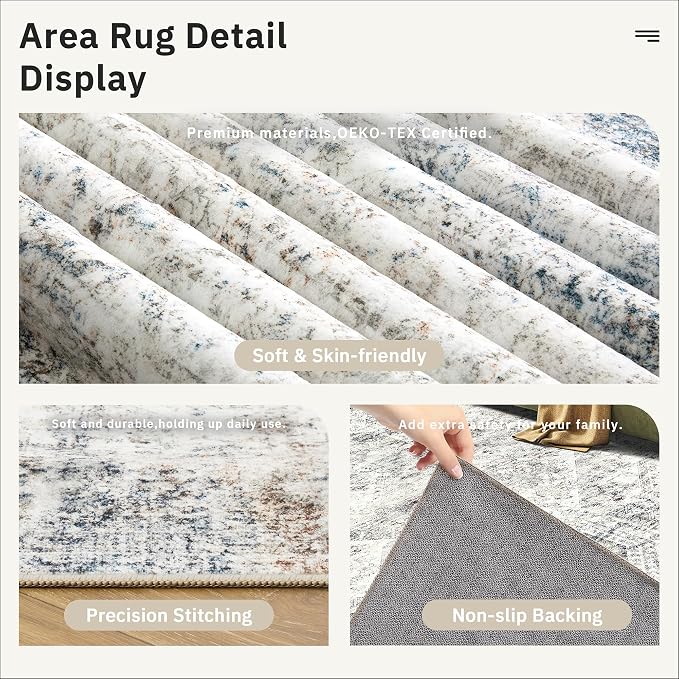 Soalmost 3x5 Rug, Small Area Rug for Kitchen, Entryway, Machine Washable Non-Slip Throw Rug, Vintage Carpet for Nursery Coffee Table Blue Ivory
