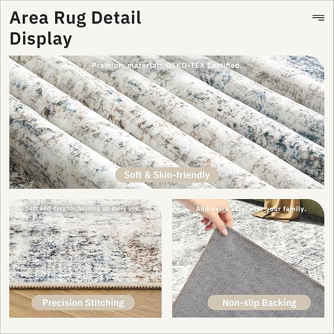 Soalmost Washable Runner Rug, 2'6" x 8' Non-Slip Kitchen Vintage Foldable 2.5x8ft Hallway Runners for Entryway, Laundry, Bedroom, Blue Ivory