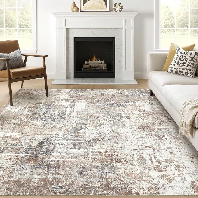 Square Rug 8x8 Living Room: Large Washable Abstract Modern Soft Area Rug Stain Resistant Indoor Floor Non-Slip Accent Carpet for Bedroom Nursery Playroom Dining Room Office Dorm Home Decor- Brown