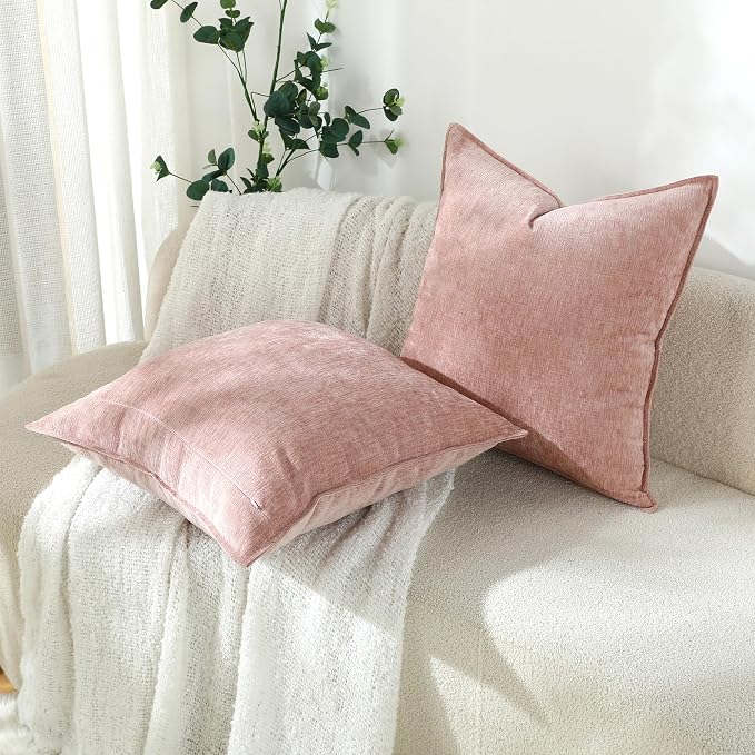 Stellhome Soft Chenille Decorative Pillow Covers 20x20 Inch Natural Pink Boho Farmhouse Neutral Couch Throw Pillows for Bed Sofa Livingroom Pack of 2 Accent Modern Pillowcase Home Decor