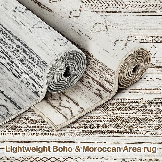 Tortania Area Rug Living Room Rugs - 8x10 Washable Large Soft Neutral Boho Moroccan Bohemian Farmhouse Rug Indoor Floor Carpet for Bedroom Under Dining Table Home Office Decor - Cream Brown