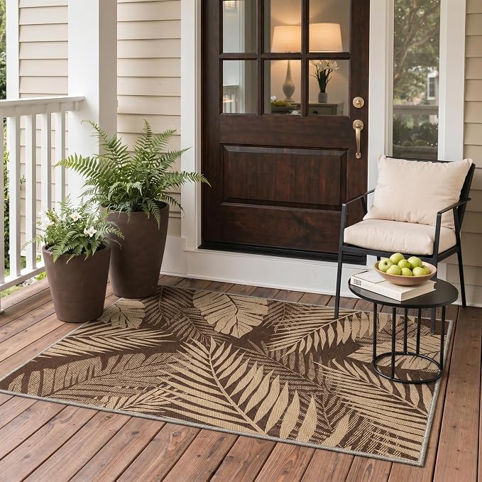 GENIMO Outdoor & Indoor Area Rug 2'x5', Waterproof, Non-Shedding, Easy Cleaning, Leaf Mat for Patio, Living Room, Balcony, Dining Room, RV, Deck, Bedroom, Camping, Outside Carpet, Coffee Beige