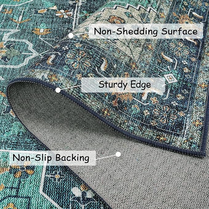 Moynesa Ultra-Thin Vintage Area Rug - 8x10 Teal Bedroom Rug for Living Room Non-Shedding Stain Resistant Playroom Mat, Indoor Printed Boho Floor Carpet for Dining Table Office Decor