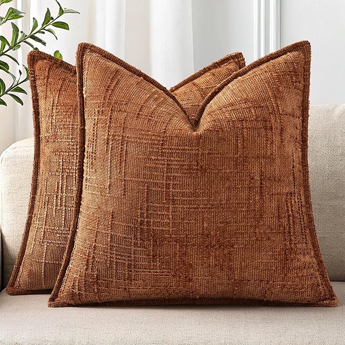 decorUhome Chenille Decorative Throw Pillow Covers 22x22 Set of 2,Rust | Soft Texture, Slubby Modern Design, Flange Edges, Cozy Accent Pillow Covers for Couch, Sofa, Bed, Living Room