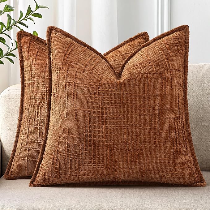 decorUhome Chenille Fall Throw Pillow Covers 20x20 Set of 2, Soft Textured Slubby Modern Decorative Pillow Covers with Elegant Design for Couch, Sofa, Living Room, Rust